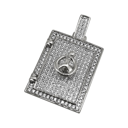 .925 Silver 3D Bank Safe Vault Rhodium CZ Bling Bling Pendant