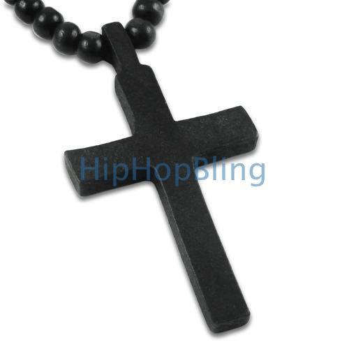 Black Wood Cross Carved Rosary Necklace