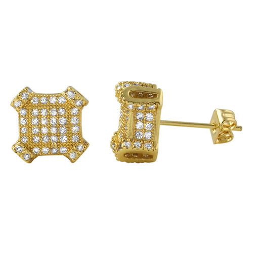 3D Edgy Box Gold CZ Bling Bling Earrings