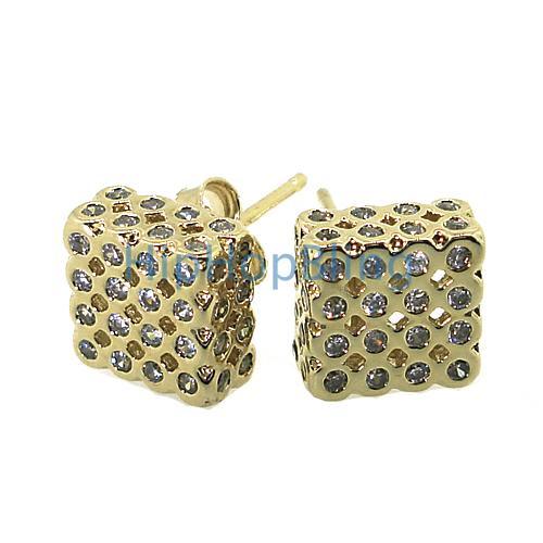 Gold .925 Silver 3D LG Box Bezel CZ Iced Out Earrings