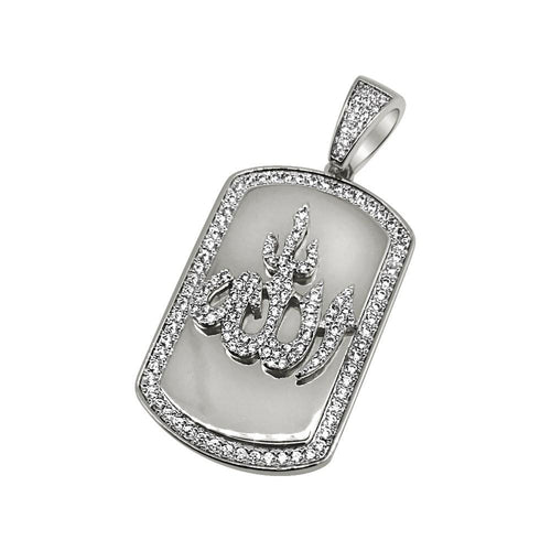 .925 Silver Allah Dog Tag Rhodium Bling Bling Pendant