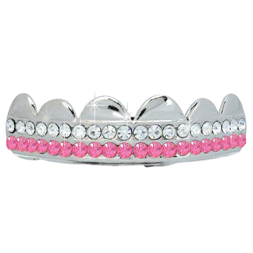 PINK / CLEAR Double Bar SILVER Iced Out Grillz Hip Hop Bling Grills TOP