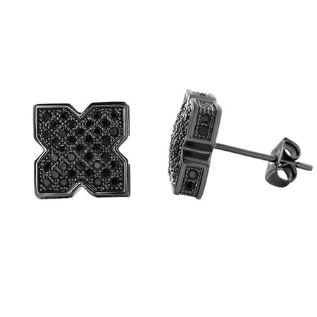 Kite Medium Black CZ Iced Out Micro Pave Earrings .925 Silver