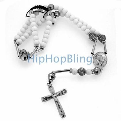 White Stone Hip Hop Rosary Necklace