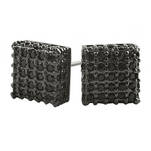 Large 3D Box Black CZ Iced Out Earrings