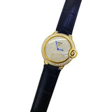 Womens CZ Pave Rounded Gold Black Leather Watch