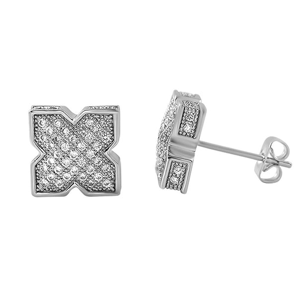 3D Pointed X Rhodium CZ Bling Bling Earrings