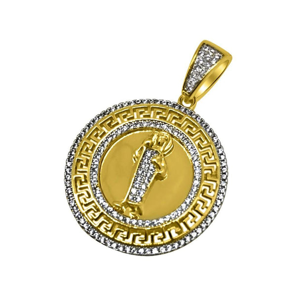 Gold Jesus Greek Link Mini Circle CZ Pendant