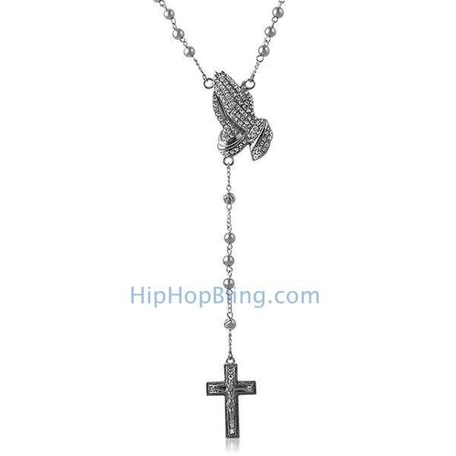 Bling Praying Hands Hip Hop Rosary Necklace