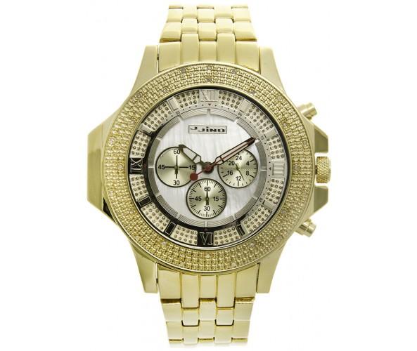 Gold Sports .25 Carat Diamond Bling Watch White Pearl Dial