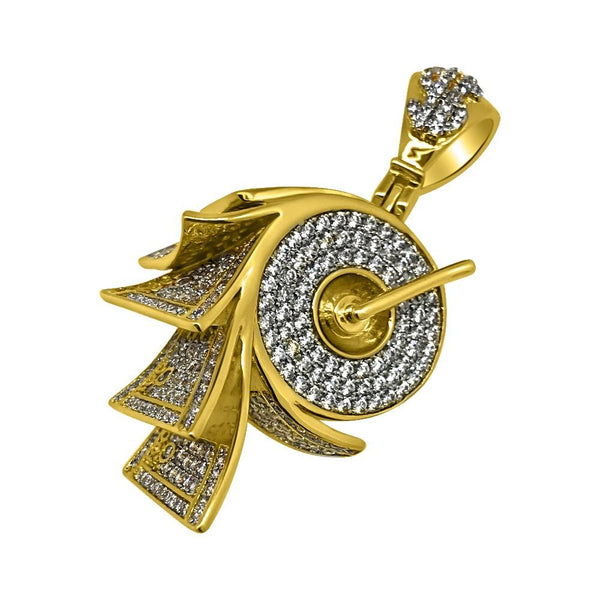 .925 Silver Money on a Roll Gold CZ Bling Bling Pendant