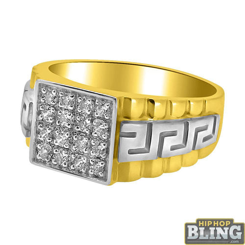 10K Gold Cube CZ 2 Tone Greek Pattern Mens Ring