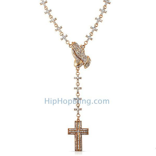 Bling Cross Links Rose Praying Hands Rosary Necklace