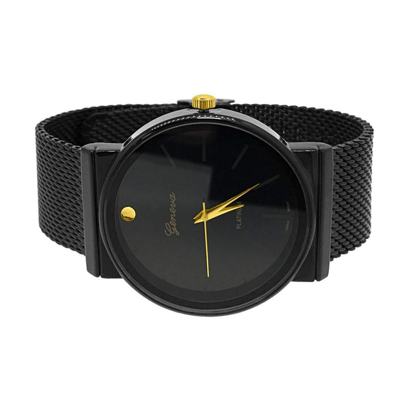 Smooth Round All Black Mesh Band Watch