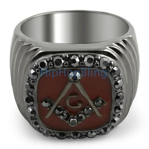 Black Masonic Mens Bling Bling Ring