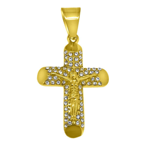 Log Cross Crucifix Gold Stainless Steel Pendant