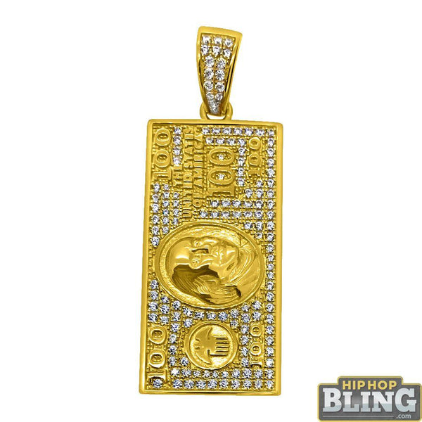 .925 Sterling Silver Gold $100 Bill CZ Hip Hop Pendant