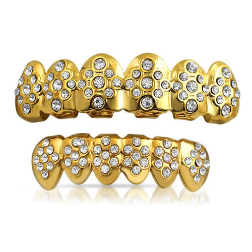 Gold Grillz Diamond Ice Pattern Teeth Set