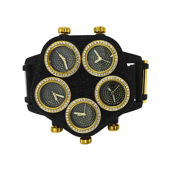 New 5 Time Zone Black and Gold Bling Bling Watch