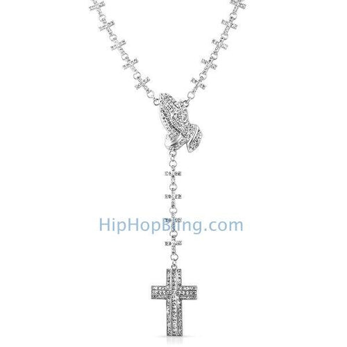 Praying Hands & Cross Fully Iced Out Cross Link Rosary Necklace