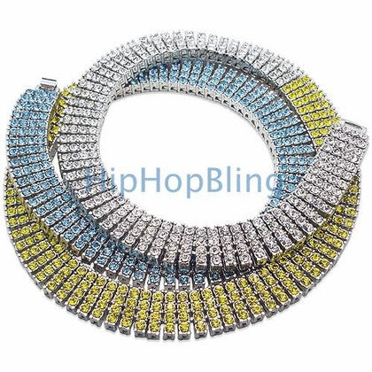 Tri Color Canary Blue & White Ice Bling Bling 4 Row Chain