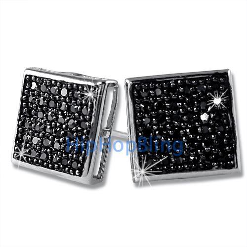 Large Box Black CZ Micro Pave Bling Earrings .925 Silver