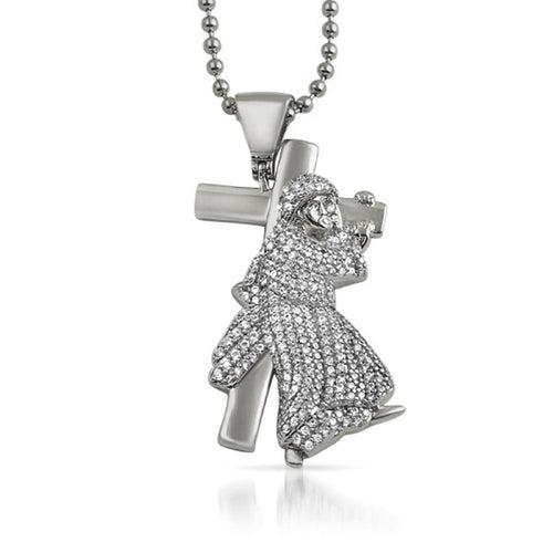 Jesus Carrying Cross CZ Bling Pendant Rhodium