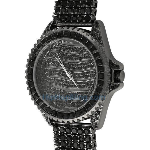 Wavy Custom Black Hip Hop Watch & 6 Row Band