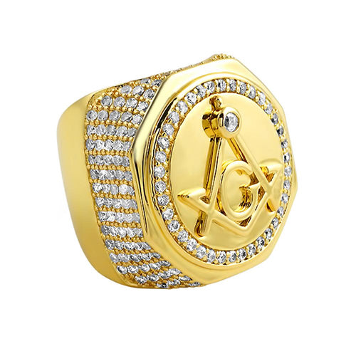 Large Masonic CZ Gold Plated Mens Ring