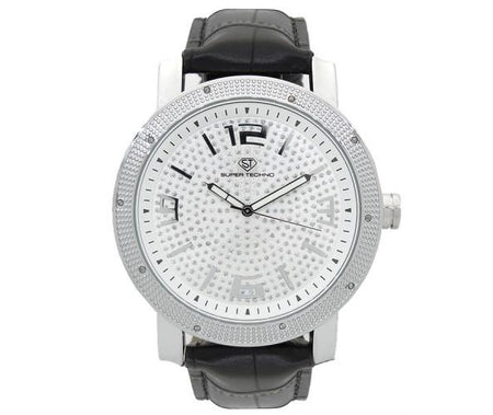 Weed Leaf Silver Black Leather Bling Bling Watch