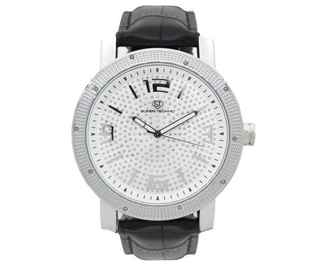 .08cttw Diamond Hip Hop Watch Black Leather