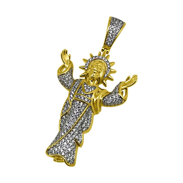 .925 Silver Gold Jesus Open Arms CZ Bling Bling Pendant