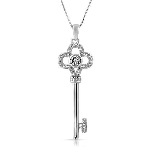 Clover Key .925 Sterling Silver Pendant CZ