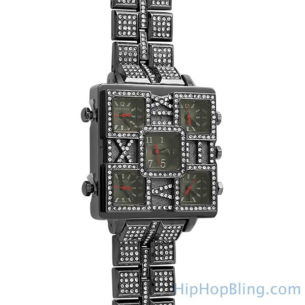 5 Time Zone Square Face Black Bling Bling Watch