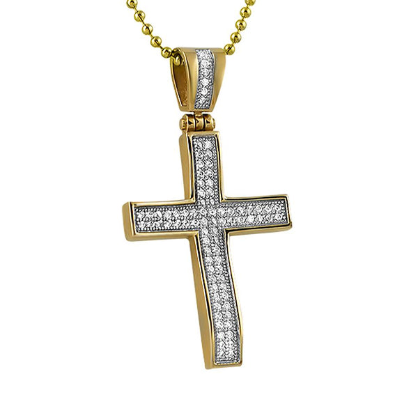 Gold Bling Bling Stainless Steel Mini CZ Cross Concave
