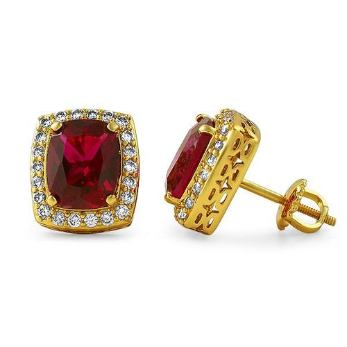 .925 Silver Gold Lab Ruby Rick Ross Style Earrings