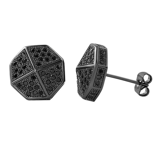 3D Pointed Octagon Black CZ Hip Hop Earrings