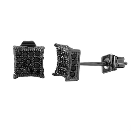 32 Stones Puffed Kite Black CZ Micro Pave Earrings .925 Silver