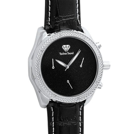 Black Super Techno Diamond Watch Silver Dial Shiny Band