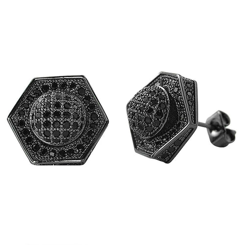 3D Domed Hexagon Black CZ Hip Hop Earrings