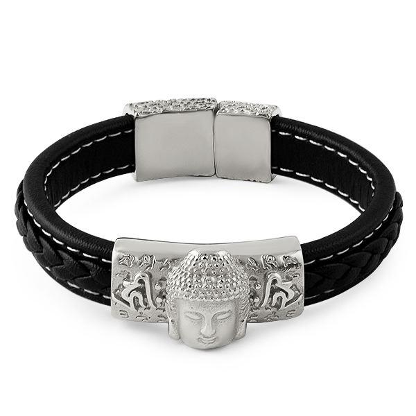 Buddha Black Leather Stainless Steel Bracelet