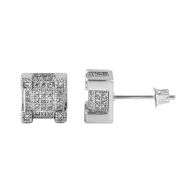 Cube Iced Out CZ Earrings Rhodium