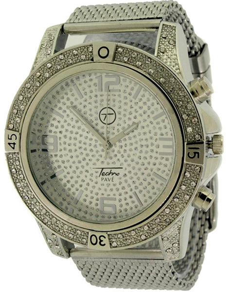 Bling Bling Silver Sports Mesh Watch Techno Pave