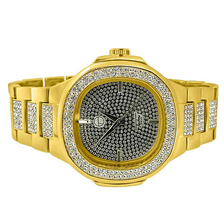 Mens CZ Pave Rounded Gold Black Leather Watch