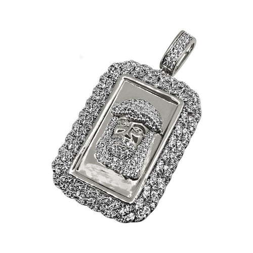 Jesus Face Rhodium CZ Bling Cuban Rectangle Pendant