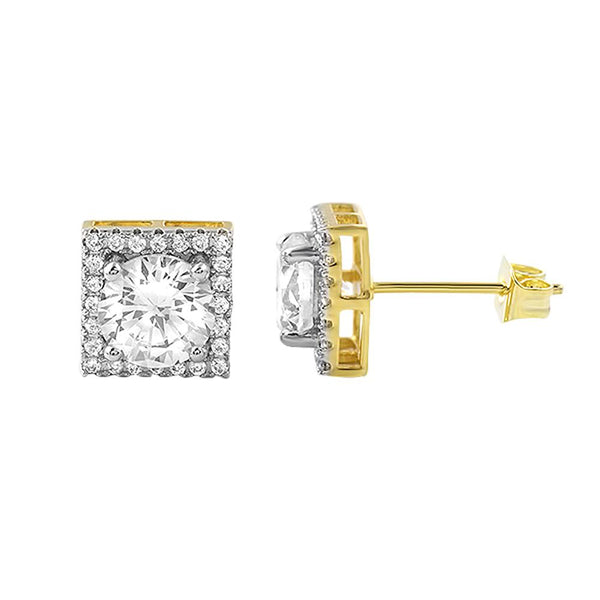 Square Halo Gold Iced Out CZ Earrings