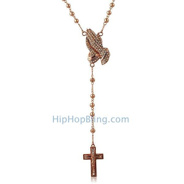 Rose Rosary Necklace Bling Bling Praying Hands
