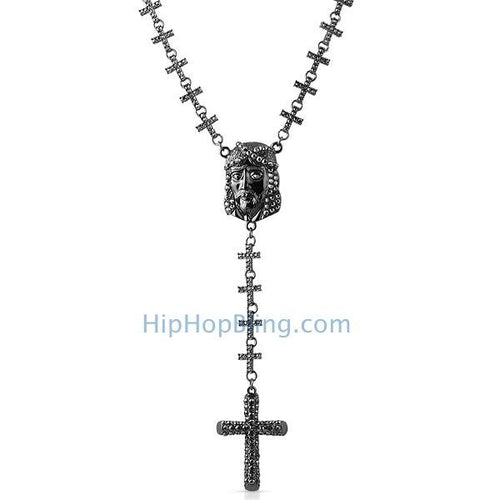 Black Jesus Piece Fully Bling Cross Link Rosary Necklace