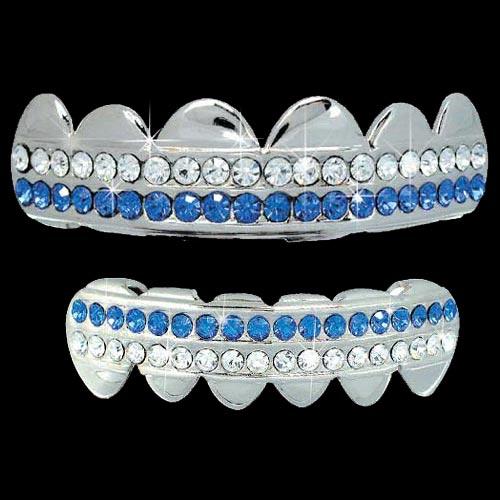 White / Blue Double Deck Iced Out Silver Grillz Hip Hop Grills TOP & BOTTOM TEETH COMBO