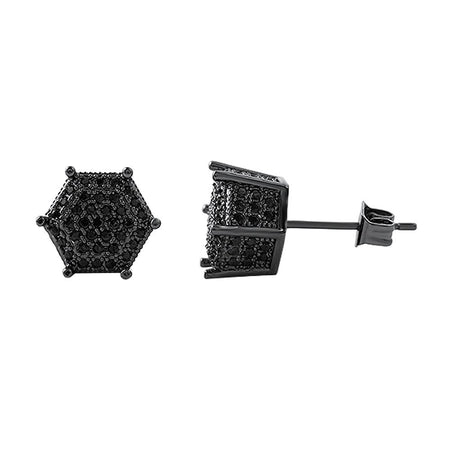 32 Stones Puffed Kite Black CZ Micro Pave Earrings .925 Silver